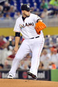 Jul 28, 2015; Miami, FL, USA; Miami Marlins starting pitcher Jose Fernandez (16) delivers a pitch against the Washington Nationals during the first inning at Marlins Park. Mandatory Credit: Steve Mitchell-USA TODAY Sports