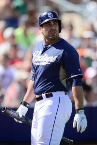 Mar 10, 2015; Peoria, AZ, USA; San Diego Padres left fielder Carlos Quentin (18) looks on against the San Francisco Giants at Peoria Sports Complex. Mandatory Credit: Joe Camporeale-USA TODAY Sports