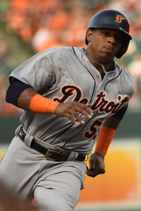 Jul 30, 2015; Baltimore, MD, USA; Detroit Tigers left fielder Yoenis Cespedes (52) rounds the bases on right fielder J.D. Martinez ( not pictured) two run double during the first inning against the Baltimore Orioles  at Oriole Park at Camden Yards. Mandatory Credit: Tommy Gilligan-USA TODAY Sports