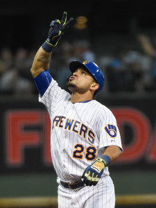 Jul 17, 2015; Milwaukee, WI, USA;  Milwaukee Brewers left fielder Gerardo Parra (28) reacts after driving in a run with a double in the fifth inning against the Pittsburgh Pirates at Miller Park. Mandatory Credit: Benny Sieu-USA TODAY Sports