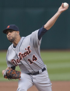 May 26, 2015; Oakland, CA, USA; Detroit Tigers starting pitcher David Price (14) throws a pitch against the Oakland Athletics during the first inning at O.co Coliseum. Mandatory Credit: Ed Szczepanski-USA TODAY Sports