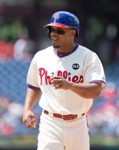 Jul 22, 2015; Philadelphia, PA, USA; Philadelphia Phillies left fielder Ben Revere (2) in a game against the Tampa Bay Rays at Citizens Bank Park. The Phillies won 5-4 in the tenth inning. Mandatory Credit: Bill Streicher-USA TODAY Sports