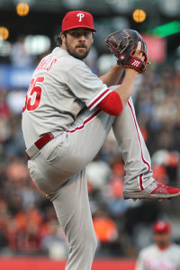 Jul 10, 2015; San Francisco, CA, USA; Philadelphia Phillies starting pitcher Cole Hamels (35) throws to the San Francisco Giants in the first inning of their MLB baseball game at AT&T Park. Mandatory Credit: Lance Iversen-USA TODAY Sports