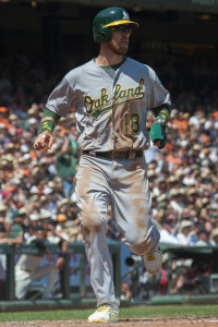 Jul 26, 2015; San Francisco, CA, USA; Oakland Athletics left fielder Ben Zobrist (18) crosses home plate after an rbi single by third baseman Brett Lawrie (not pictured) during the fourth inning against the San Francisco Giants at AT&T Park. Mandatory Credit: Ed Szczepanski-USA TODAY Sports