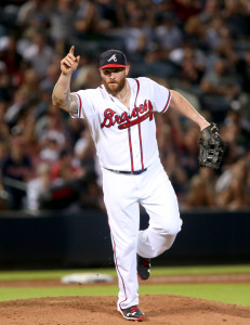 Aug 28, 2015; Atlanta, GA, USA; Atlanta Braves left fielder Jonny Gomes (7) reacts after getting a strike out after pitching in the ninth inning of their game against the New York Yankees at Turner Field. The Yankees won 15-4. Mandatory Credit: Jason Getz-USA TODAY Sports