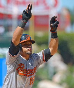 Aug 9, 2015; Anaheim, CA, USA; Baltimore Orioles left fielder Gerardo Parra (18) crosses the plate after a solo home run in the sixth inning off of Los Angeles Angels relief pitcher Cory Rasmus (not pictured) at Angel Stadium of Anaheim. Mandatory Credit: Jayne Kamin-Oncea-USA TODAY Sports