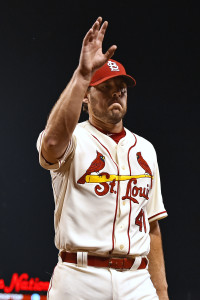 Aug 15, 2015; St. Louis, MO, USA; St. Louis Cardinals starting pitcher John Lackey (41) waves to fans as he leaves the game against the Miami Marlins at Busch Stadium. Mandatory Credit: Jasen Vinlove-USA TODAY Sports