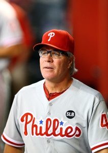 Aug 12, 2015; Phoenix, AZ, USA; Philadelphia Phillies interim manager Pete Mackanin against the Arizona Diamondbacks at Chase Field. Mandatory Credit: Mark J. Rebilas-USA TODAY Sports