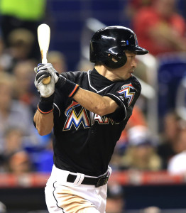 Sep 12, 2015; Miami, FL, USA; Miami Marlins right fielder Ichiro Suzuki singles in the sixth inning in a game against the Washington Nationals at Marlins Park. The Marlins won 2-0. Mandatory Credit: Robert Mayer-USA TODAY Sports