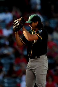 September 30, 2015; Anaheim, CA, USA; Oakland Athletics starting pitcher Barry Zito (75) pitches the first inning against the Los Angeles Angels at Angel Stadium of Anaheim. Mandatory Credit: Gary A. Vasquez-USA TODAY Sports