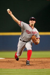 Sep 30, 2015; Atlanta, GA, USA; Washington Nationals starting pitcher Jordan Zimmermann (27) delivers a pitch to an Atlanta Braves batter in the first inning of their game at Turner Field. Mandatory Credit: Jason Getz-USA TODAY Sports