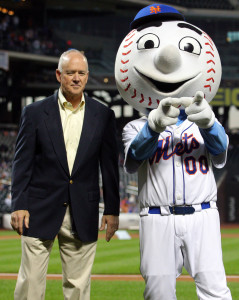 Sep 26, 2014; New York, NY, USA; New York Mets general manager Sandy Alderson on the field with mascot Mr. Met before a game against the Houston Astros at Citi Field. Mandatory Credit: Brad Penner-USA TODAY Sports