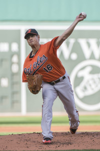 Sep 26, 2015; Boston, MA, USA; Baltimore Orioles pitcher Wei-Yin Chen (16) delivers a pitch during the first inning of the game against the Boston Red Sox at Fenway Park. Mandatory Credit: Gregory J. Fisher-USA TODAY Sports