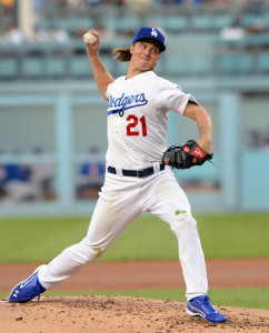 October 15, 2015; Los Angeles, CA, USA; Los Angeles Dodgers starting pitcher Zack Greinke (21) pitches the second inning against New York Mets in game five of NLDS at Dodger Stadium. Mandatory Credit: Richard Mackson-USA TODAY Sports