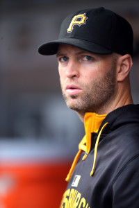 Sep 30, 2015; Pittsburgh, PA, USA; Pittsburgh Pirates pitcher J.A. Happ (32) looks on from the dugout against the St. Louis Cardinals during the sixth inning at PNC Park. Mandatory Credit: Charles LeClaire-USA TODAY Sports
