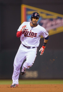 Sep 22, 2015; Minneapolis, MN, USA; Minnesota Twins center fielder Aaron Hicks (32) triples in the third inning against the Cleveland Indians at Target Field. Mandatory Credit: Brad Rempel-USA TODAY Sports