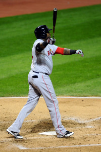 Oct 2, 2015; Cleveland, OH, USA; Boston Red Sox designated hitter David Ortiz (34) hits a home run during the fourth inning against the Cleveland Indians at Progressive Field. Mandatory Credit: Ken Blaze-USA TODAY Sports