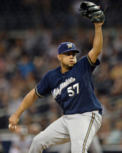 Sep 29, 2015; San Diego, CA, USA; Milwaukee Brewers relief pitcher Francisco Rodriguez (57) pitches during the ninth inning against the San Diego Padres at Petco Park. Mandatory Credit: Jake Roth-USA TODAY Sports