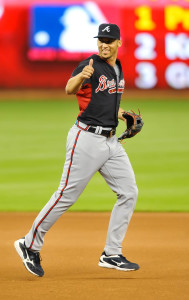 Sep 26, 2015; Miami, FL, USA; Atlanta Braves shortstop Andrelton Simmons (19) laughs while taking infield practice before a game against the Miami Marlins at Marlins Park. Mandatory Credit: Steve Mitchell-USA TODAY Sports