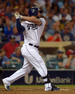 Aug 11, 2015; San Diego, CA, USA; San Diego Padres first baseman Yonder Alonso (23) hits a two RBI double during the second inning against the Cincinnati Reds at Petco Park. Mandatory Credit: Jake Roth-USA TODAY Sports