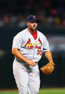 Aug 27, 2015; Phoenix, AZ, USA; St. Louis Cardinals pitcher Jonathan Broxton against the Arizona Diamondbacks at Chase Field. Mandatory Credit: Mark J. Rebilas-USA TODAY Sports