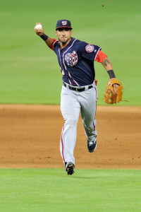 Sep 11, 2015; Miami, FL, USA; Washington Nationals shortstop Ian Desmond (20) throws over to first base during the eighth inning against the Miami Marlins at Marlins Park. The Marlins won 2-1. Mandatory Credit: Steve Mitchell-USA TODAY Sports