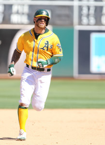 Sep 2, 2015; Oakland, CA, USA; Oakland Athletics second baseman Brett Lawrie (15) rounds the bases on a solo home run against the Los Angeles Angels during the eighth inning at O.co Coliseum. Mandatory Credit: Kelley L Cox-USA TODAY Sports