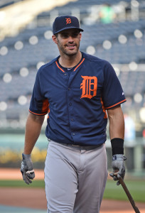 Sep 3, 2015; Kansas City, MO, USA; Detroit Tigers right fielder J.D. Martinez (28) looks on during batting practice prior to a game against the Kansas City Royals at Kauffman Stadium. Mandatory Credit: Peter G. Aiken-USA TODAY Sports