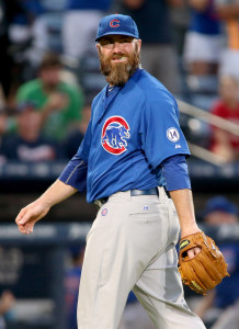 Jul 19, 2015; Atlanta, GA, USA; Chicago Cubs relief pitcher Jason Motte (30) reacts after the final out during their win over the Atlanta Braves at Turner Field. The Cubs won 4-1. Mandatory Credit: Jason Getz-USA TODAY Sports