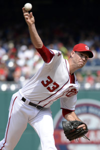 Aug 30, 2015; Washington, DC, USA; Washington Nationals pitcher Doug Fister (33) pitches during the fifth inning against the Miami Marlins at Nationals Park. Mandatory Credit: Tommy Gilligan-USA TODAY Sports