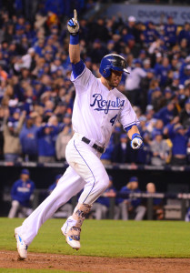 Oct 27, 2015; Kansas City, MO, USA; Kansas City Royals left fielder Alex Gordon (4) celebrates after hitting a solo home run against the New York Mets in the 9th inning in game one of the 2015 World Series at Kauffman Stadium. Mandatory Credit: Jeff Curry-USA TODAY Sports