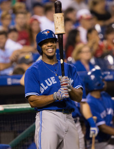 Aug 18, 2015; Philadelphia, PA, USA; Toronto Blue Jays left fielder Ben Revere (7) smiles as he waits to bat Philadelphia Phillies at Citizens Bank Park. The Blue Jays won 8-5. Mandatory Credit: Bill Streicher-USA TODAY Sports