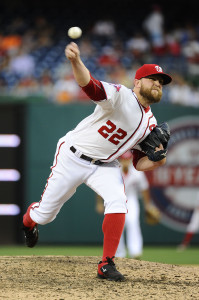 Aug 6, 2015; Washington, DC, USA; Washington Nationals relief pitcher Drew Storen (22) throws to the Arizona Diamondbacks during the eighth inning at Nationals Park. The Washington Nationals won 8 - 3. Mandatory Credit: Brad Mills-USA TODAY Sports