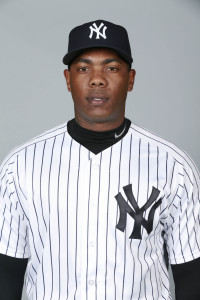 Feb 27, 2016; Tampa, FL, USA; New York Yankees relief pitcher Aroldis Chapman (54) poses for a photo during photo day at George M. Steinbrenner Field. Mandatory Credit: Kim Klement-USA TODAY Sports