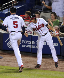 Oct 4, 2013; Atlanta, GA, USA; Atlanta Braves first baseman <a rel=