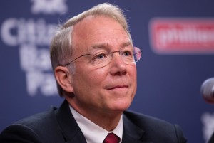 Oct 26, 2015; Philadelphia, PA, USA; Philadelphia Phillies president Andy MacPhail during a press conference to introduce new general manager Matt Klentak (not pictured) at Citizens Bank Park. Mandatory Credit: Bill Streicher-USA TODAY Sports