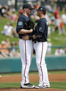 Mar 3, 2016; Lake Buena Vista, FL, USA; Atlanta Braves starting pitcher Sean Newcomb (left) talks on the mound with shortstop <a rel=