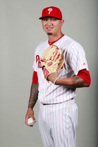 Feb 26, 2016; Clearwater, FL, USA; Philadelphia Phillies relief pitcher Vincent Velasquez (28) poses for a photo during photo day at Bright House Field. Mandatory Credit: Kim Klement-USA TODAY Sports