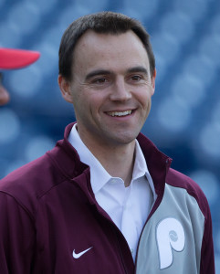 Apr 15, 2016; Philadelphia, PA, USA; Philadelphia Phillies general manager Matt Klentak before a game against the Washington Nationals at Citizens Bank Park. Mandatory Credit: Bill Streicher-USA TODAY Sports