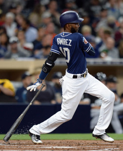 Apr 1st, 2016; San Diego, CA, USA; San Diego Padres shortstop Alexei Ramirez (10) follows through against the Chicago White Sox at Petco Park. Mandatory Credit: Jake Roth-USA TODAY Sports