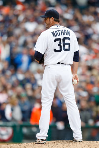 Apr 6, 2015; Detroit, MI, USA; Detroit Tigers relief pitcher Joe Nathan (36) gets set to pitch against the Minnesota Twins at Comerica Park. Mandatory Credit: Rick Osentoski-USA TODAY Sports