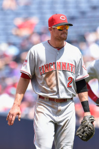 May 3, 2015; Atlanta, GA, USA; Cincinnati Reds shortstop Zack Cozart (2) leaves the game against the Atlanta Braves after sustaining a cut to his right hand while fielding a ground ball during the seventh inning at Turner Field. The Braves defeated the Reds 5-0. Mandatory Credit: Dale Zanine-USA TODAY Sports