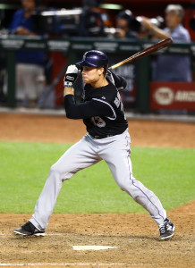 Apr 28, 2015; Phoenix, AZ, USA; Colorado Rockies first baseman Justin Morneau against the Arizona Diamondbacks at Chase Field. Mandatory Credit: Mark J. Rebilas-USA TODAY Sports