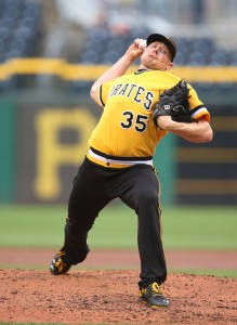 Jul 24, 2016; Pittsburgh, PA, USA; Pittsburgh Pirates relief pitcher Mark Melancon (35) pitches against the Philadelphia Phillies during the ninth inning at PNC Park. The Pirates won 5-4. Mandatory Credit: Charles LeClaire-USA TODAY Sports