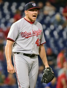 Aug 30, 2016; Philadelphia, PA, USA; Washington Nationals relief pitcher Mark Melancon (43) celebrates the win against the Philadelphia Phillies at Citizens Bank Park. The Nationals defeated the Phillies, 3-2. Mandatory Credit: Eric Hartline-USA TODAY Sports