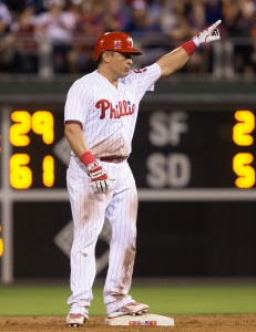 Jul 16, 2016; Philadelphia, PA, USA; Philadelphia Phillies catcher Carlos Ruiz (51) reacts after a double during the eighth inning against the New York Mets at Citizens Bank Park. The Philadelphia Phillies won 4-2. Mandatory Credit: Bill Streicher-USA TODAY Sports