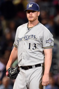 May 21, 2015; Atlanta, GA, USA; Milwaukee Brewers relief pitcher Will Smith (13) shown just before being ejected from the game against the Atlanta Braves during the seventh inning at Turner Field. The Braves defeated the Brewers 10-1. Mandatory Credit: Dale Zanine-USA TODAY Sports