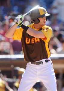 Jul 10, 2016; San Diego, CA, USA; USA infielder Dansby Swanson at bat in the second inning during the All Star Game futures baseball game at PetCo Park. Mandatory Credit: Gary A. Vasquez-USA TODAY Sports