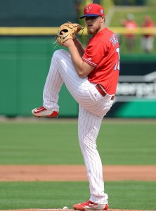 Mar 3, 2016; Clearwater, FL, USA; Philadelphia Phillies starting pitcher Jake Thompson (75) warms up before the start of the spring training game against the Houston Astros at Bright House Field. Mandatory Credit: Jonathan Dyer-USA TODAY Sports