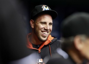 Sep 29, 2015; St. Petersburg, FL, USA; Miami Marlins pitcher Jose Fernandez (16) smiles in the dugout against the Tampa Bay Rays at Tropicana Field. Mandatory Credit: Kim Klement-USA TODAY Sports